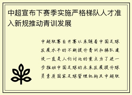 中超宣布下赛季实施严格梯队人才准入新规推动青训发展 中超宣布下赛季实施严格梯队人才准入新规推动青训发展