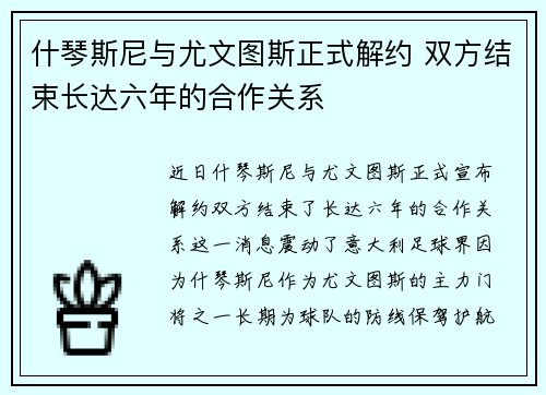 什琴斯尼与尤文图斯正式解约 双方结束长达六年的合作关系 什琴斯尼与尤文图斯正式解约 双方结束长达六年的合作关系
